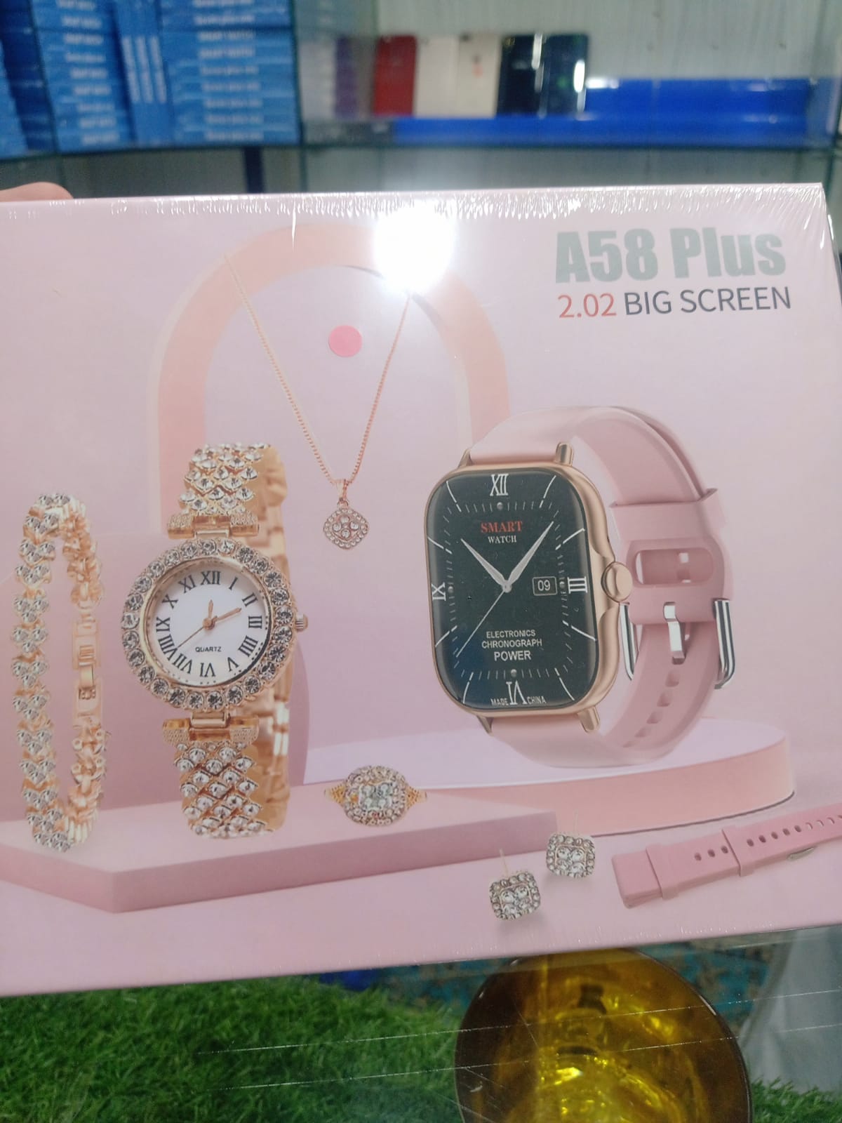 A58 PLUS 2.02BIG SCREEN Women Rhinestone Chain Ring Necklace Earings 6-in Smartwatch Set Waterproof Fitness Watch with 100+ Sports Mode