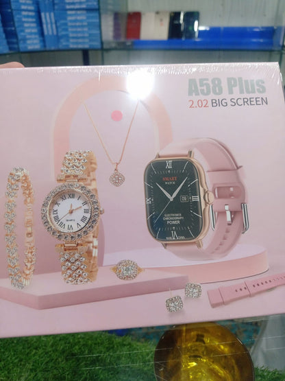 A58 PLUS 2.02BIG SCREEN Women Rhinestone Chain Ring Necklace Earings 6-in Smartwatch Set Waterproof Fitness Watch with 100+ Sports Mode