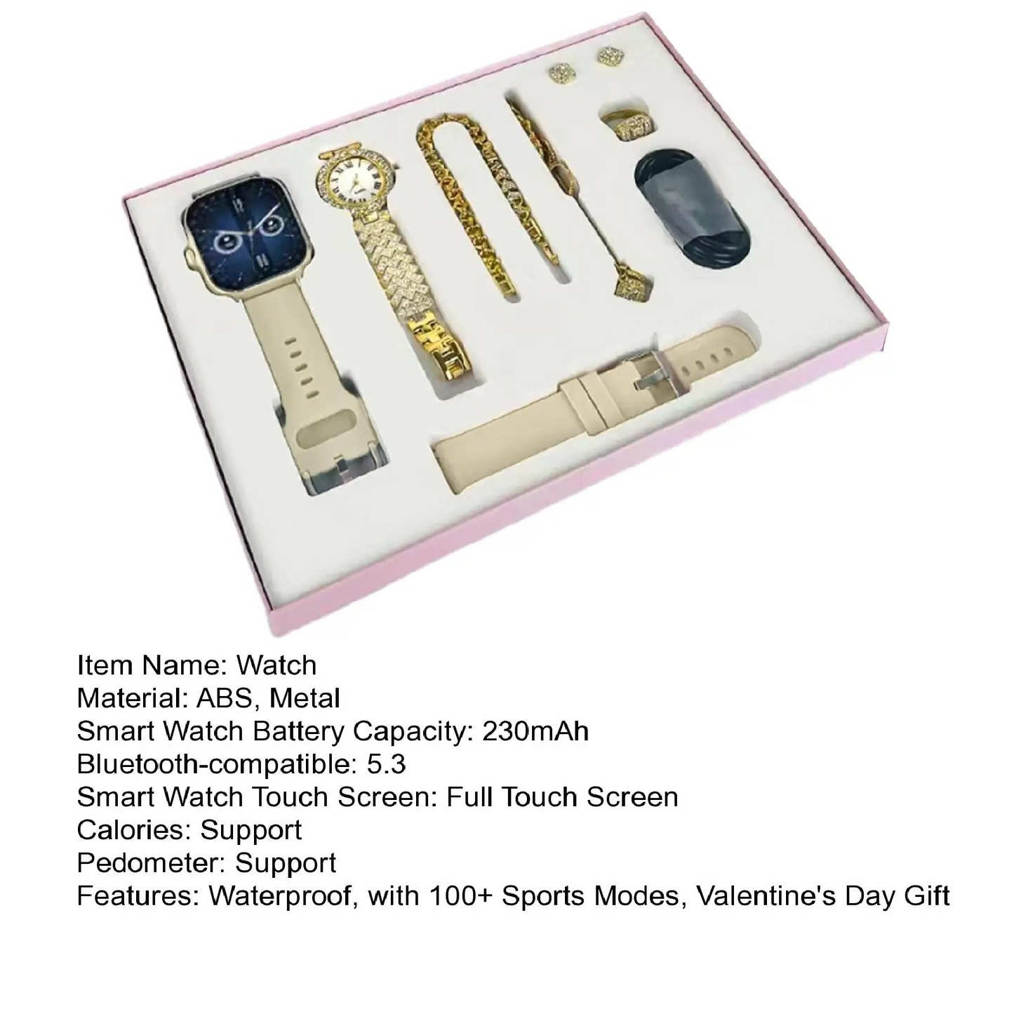 A58 PLUS 2.02BIG SCREEN Women Rhinestone Chain Ring Necklace Earings 6-in Smartwatch Set Waterproof Fitness Watch with 100+ Sports Mode