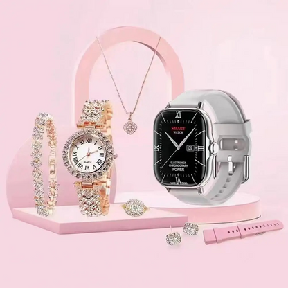 A58 PLUS 2.02BIG SCREEN Women Rhinestone Chain Ring Necklace Earings 6-in Smartwatch Set Waterproof Fitness Watch with 100+ Sports Mode