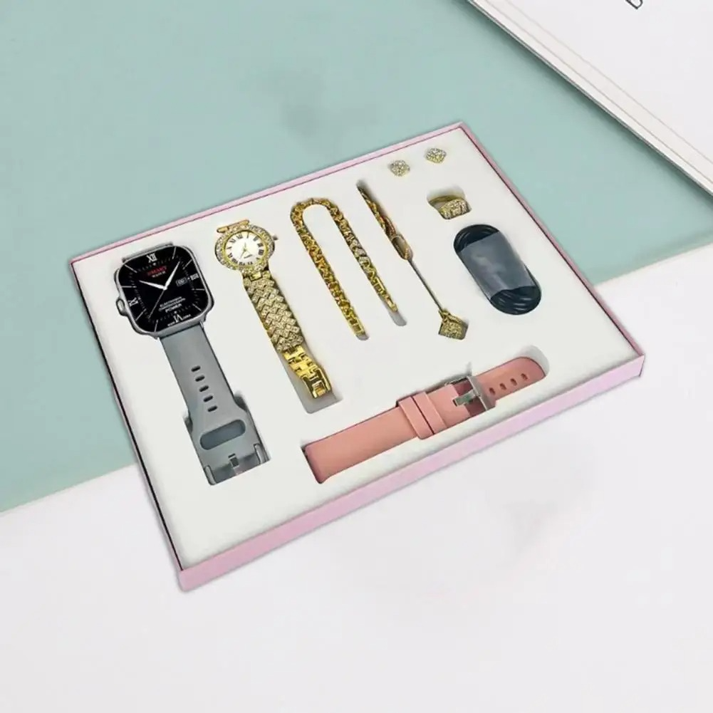 A58 PLUS 2.02BIG SCREEN Women Rhinestone Chain Ring Necklace Earings 6-in Smartwatch Set Waterproof Fitness Watch with 100+ Sports Mode